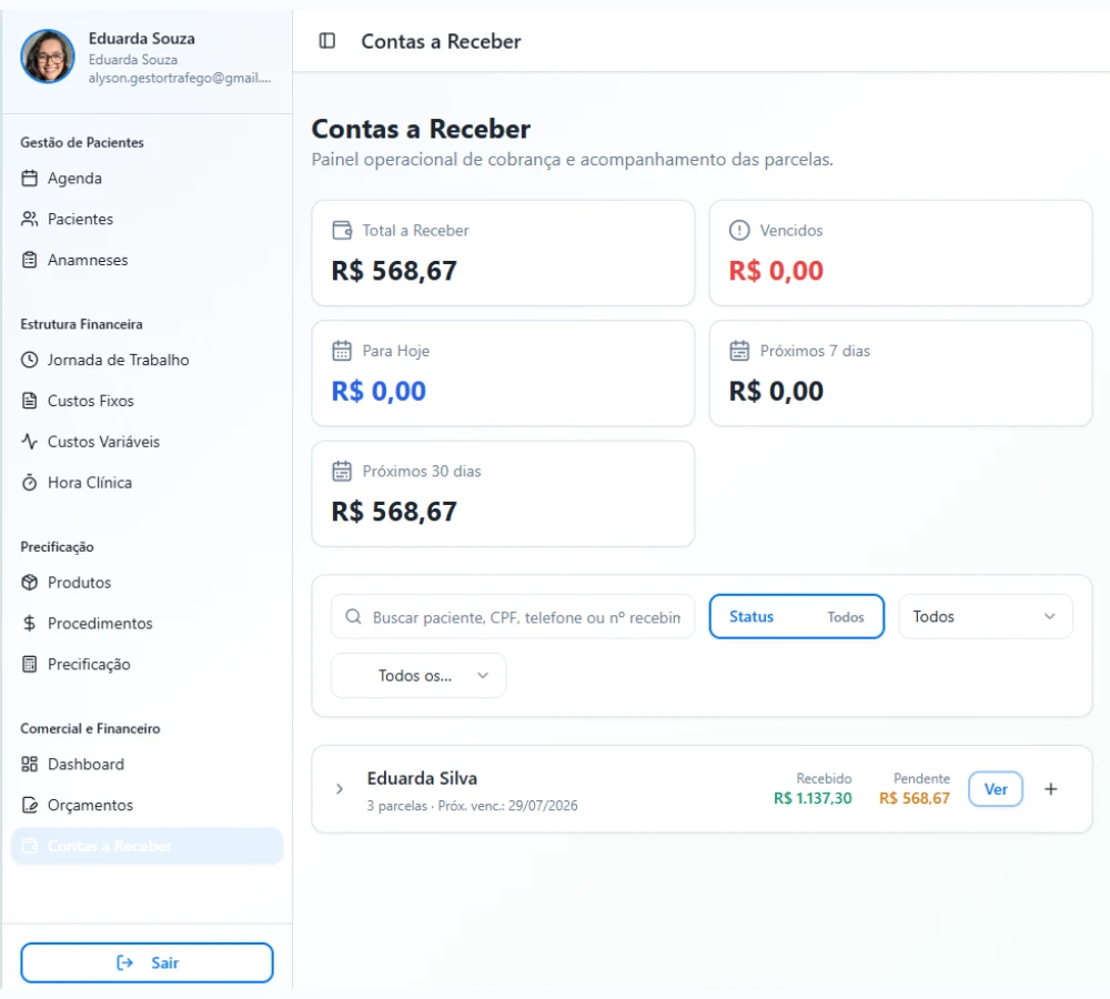 Tela de contas a receber do OdontoPrice